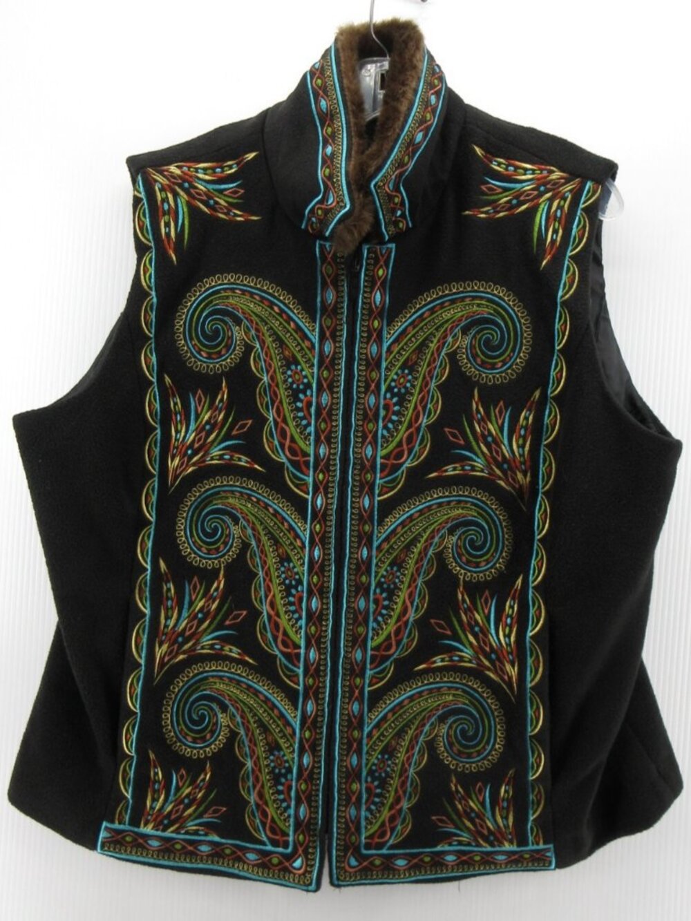 Bob Mackie Vest 1X Plus Wearable Art Embroidered Paisley Faux Fur Collar